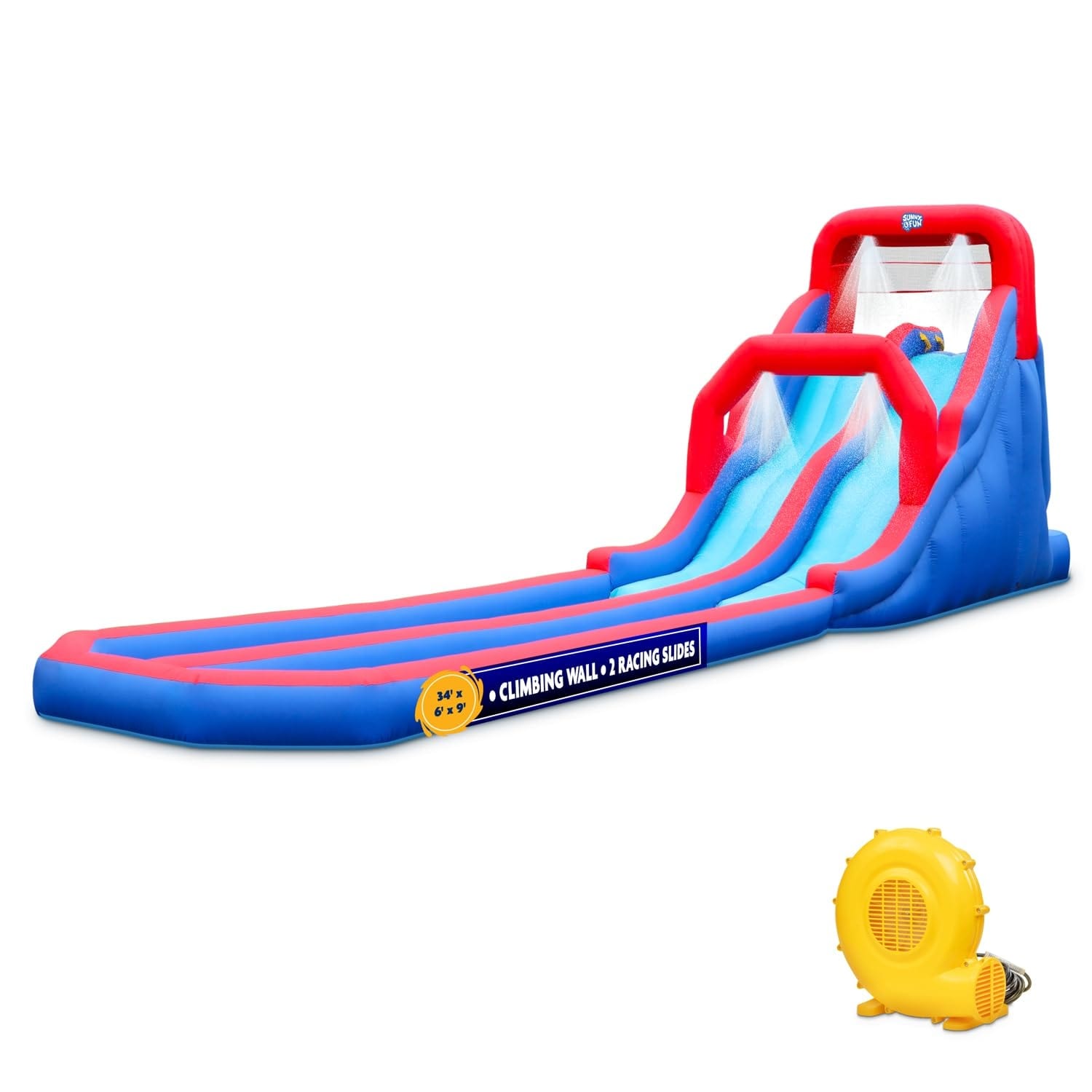 Deluxe Inflatable Water Racing Slide Park - Heavy-Duty Nylon Bouncy Station - Climbing Wall, Two Slides & Splash Pool - Large