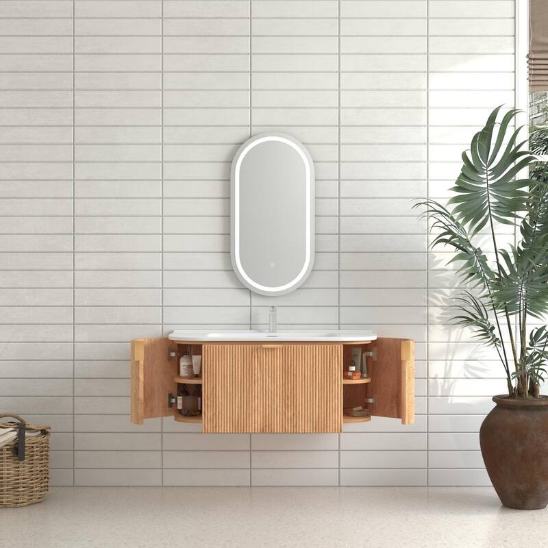 36" Bathroom Vanity,Solid Wood Wall-Mounted Floating Curved Edges Striped Bathroom Large Storage Cabinet With 2 Side Drawers