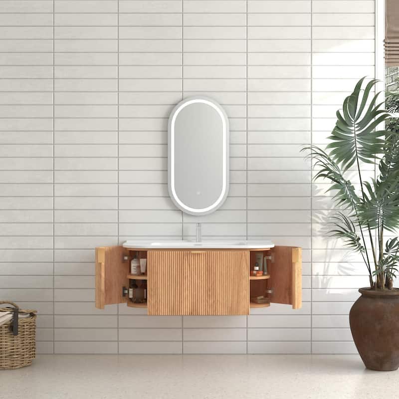 Wall-Mounted Floating Bathroom Vanity with Side Drawers,Ceramic Basin without Faucet