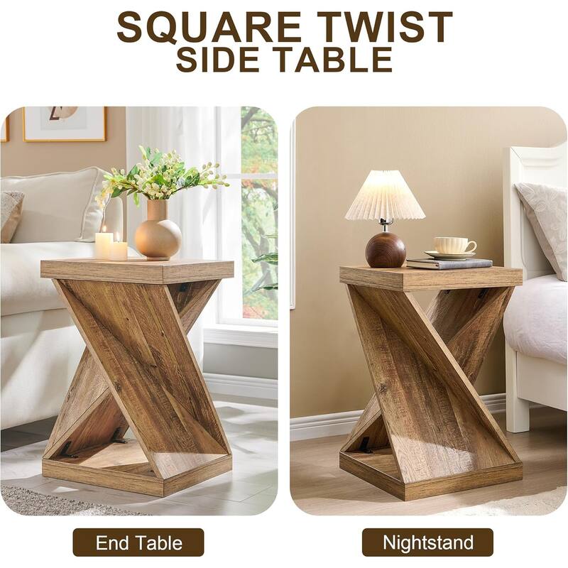 16" Modern Nightstand, Twisted Side Table, Square Rustic End Table