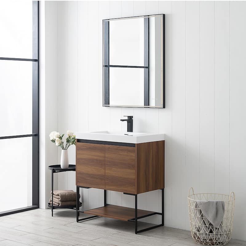 Freestanding Bathroom Vanity Set with Open Shelf & Acrylic Sink - 30" - Red Walnut