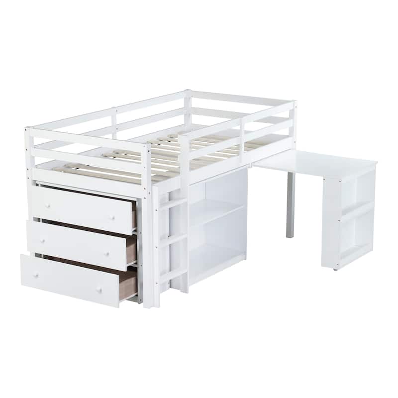 Twin Rubber Wood Loft Bed with Drawer Cabinet, Shelf,Pulling -Out Desk