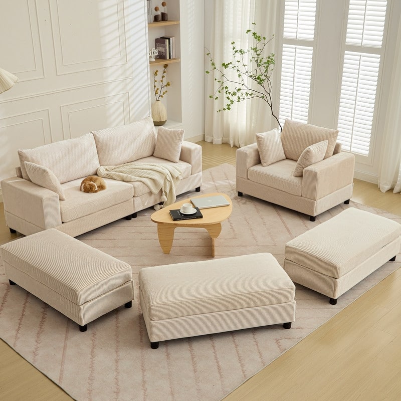 Mixoy Extra-Large Corduroy Upholstered Modular Sectional Sofa Set,Deep Seat Sleeper Chair with Ottoman - 2+1