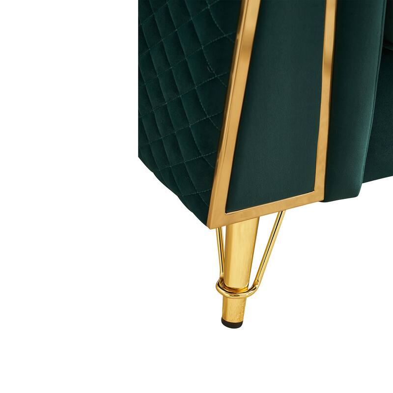 Mid-century Couch Velvet Upholstered Sofa with Button Tufted Backrest, Unique Armrest Design and Golden Metal Decor