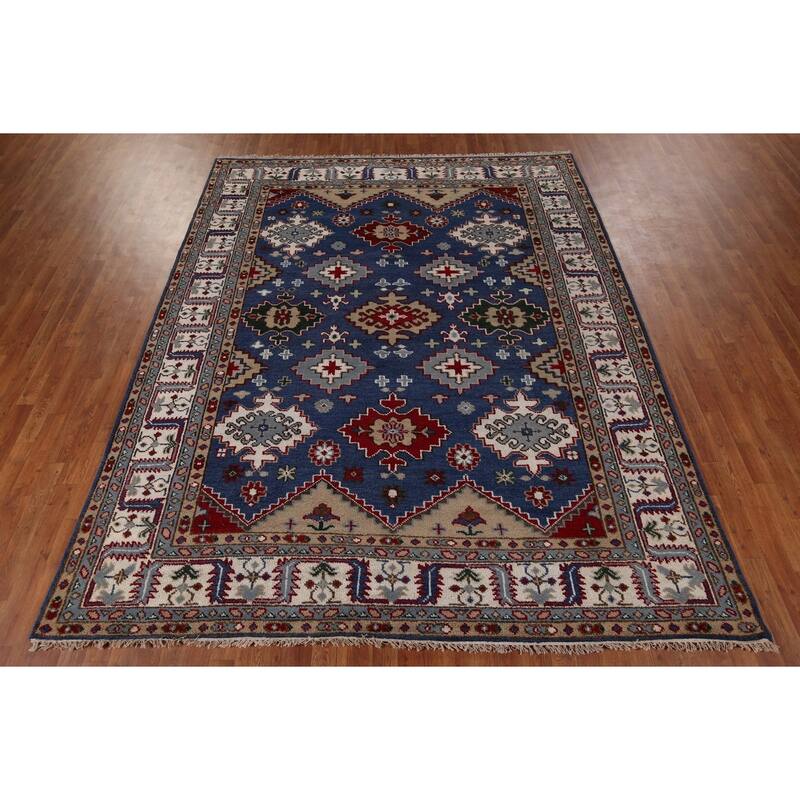 Blue Kazak Area Rug Hand-Knotted Wool Carpet - 8'1" x 9'11"