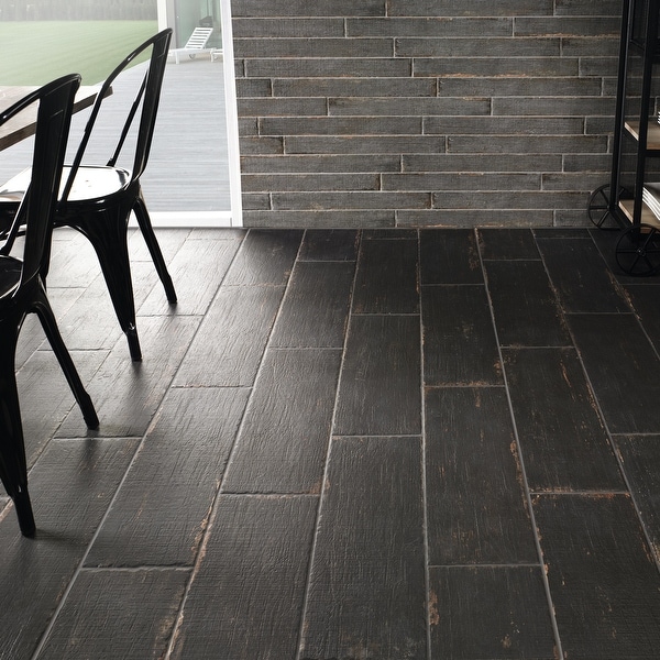 SomerTile 8.25x23.5-inch Lambris Nero Porcelain Floor and Wall Tile. Opens flyout.