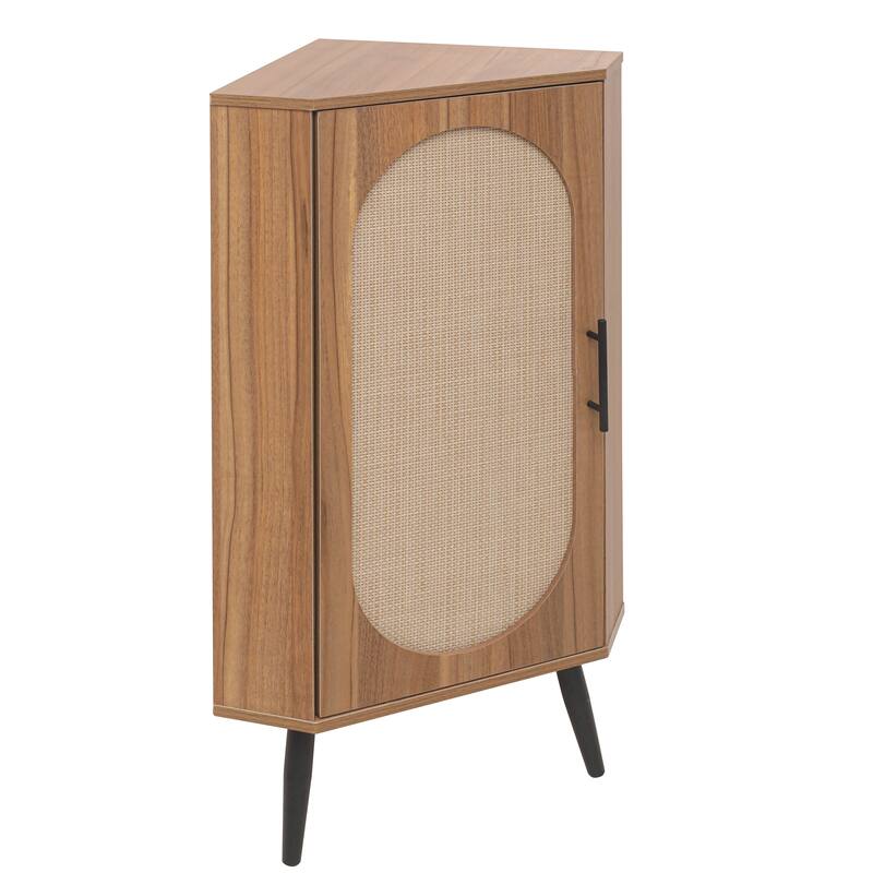 Roomfitters Corner Cabinet with Rattan Door, Freestanding Storage Shelf Stand for Small Spaces