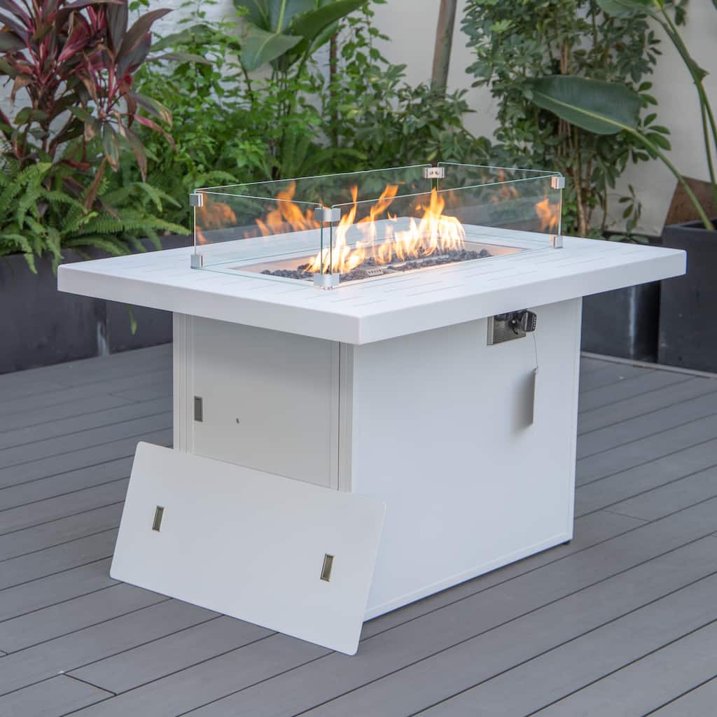 Chelsea Modern Outdoor 55000 BTU Propane Patio Fire Pit Table with Tempered Glass Wind Guard and Decorative Crystal Stones