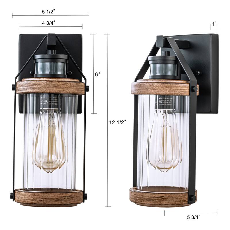 C Cattleya 2-Pack Black and Woodgrain Motion Sensor Dusk to Dawn Outdoor Wall Sconces Light