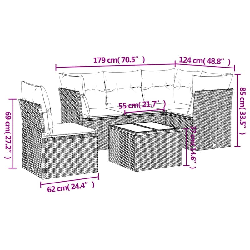 vidaXL 6 Piece Patio Sofa Set with Cushions Black Poly Rattan - 93.8x27.2x46.1