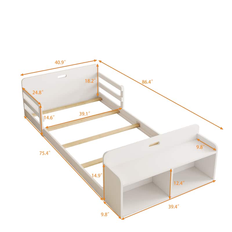 Twin Size Floor Bed with Storage Footboard and Guardrail