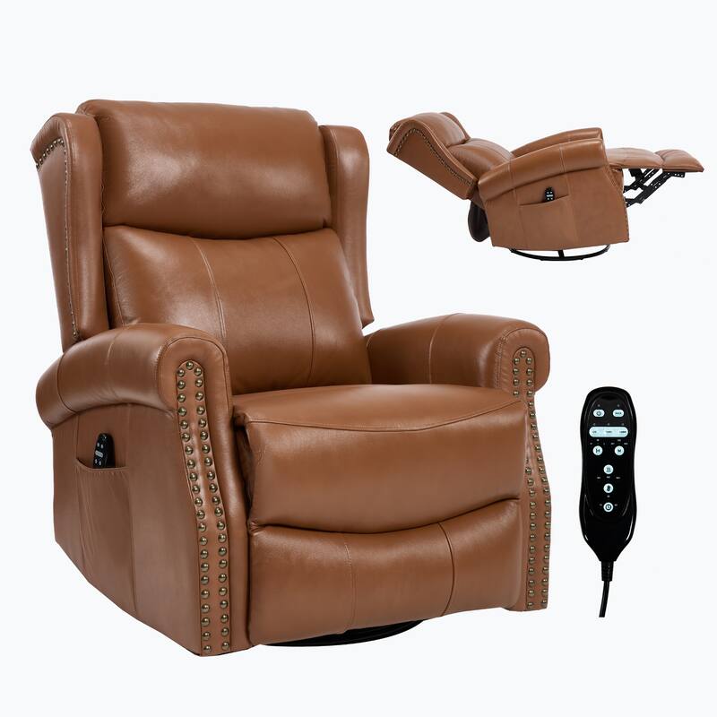 Genuine Leather Swivel Recliner Chair, Sofa Chair with Side Pockets, Manual Recliner Chair with Heat & Massage