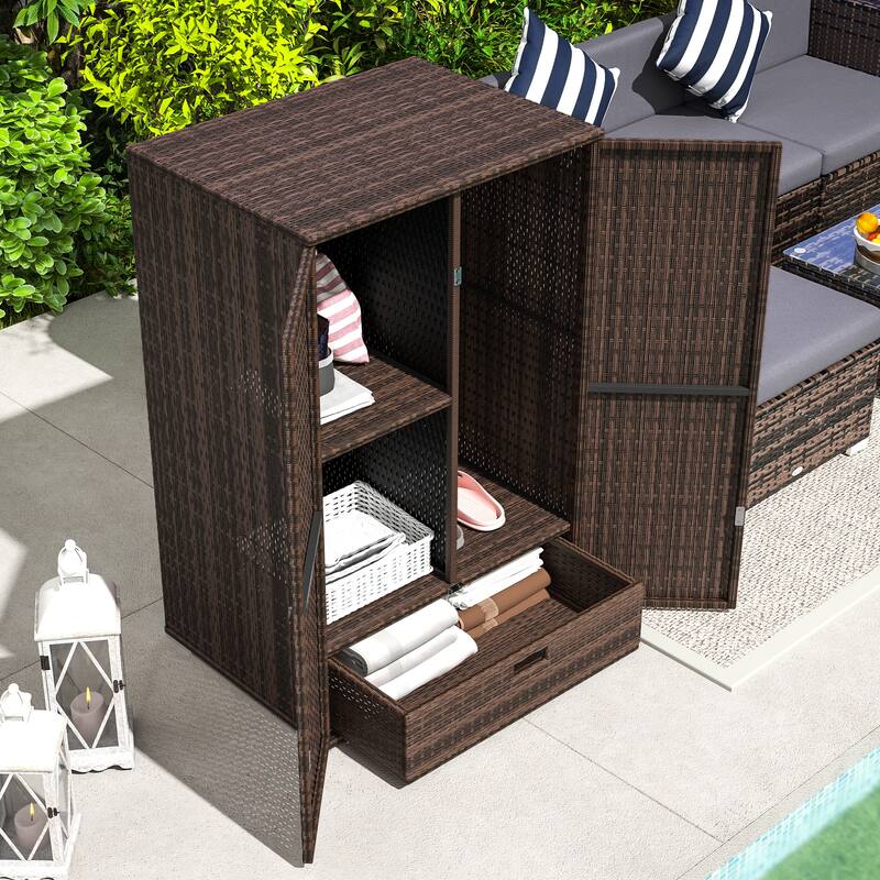 Outsunny Outdoor PE Rattan Wicker Towel Rack & Pool Toy Cabinet, Hot Tub Accessory Storage with Two Doors, Freestanding Cabinet