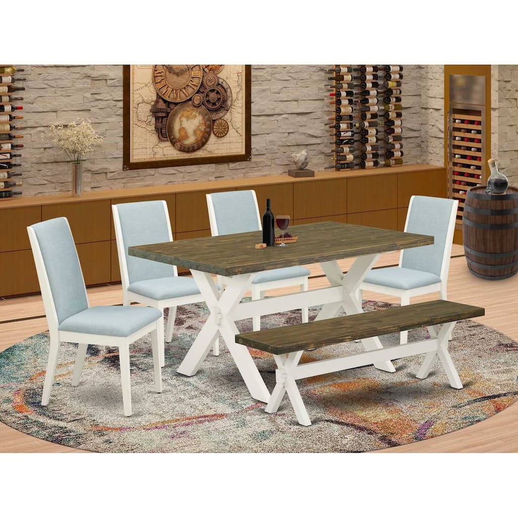 HomeStock 6-Piece Rectangle Distressed Jacobean Finish Solid Wood Top Dining Table with 1-Bench, 4-Chairs