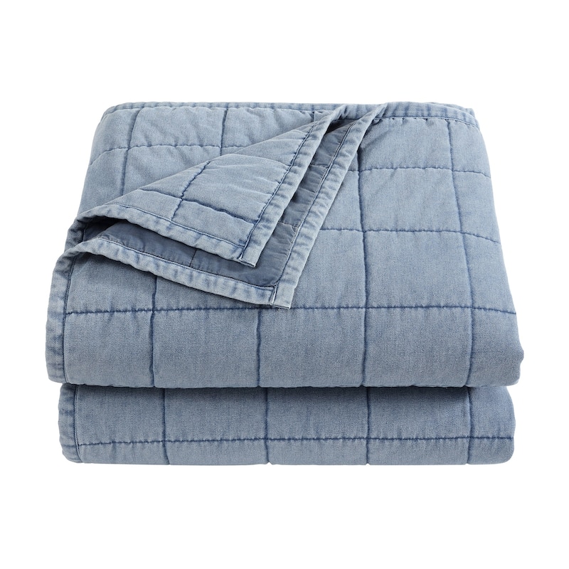 Paseo Road Stonewashed Denim Blue Box-Stitched Chic Casual Modern Rustic 3 Piece Quilt Set