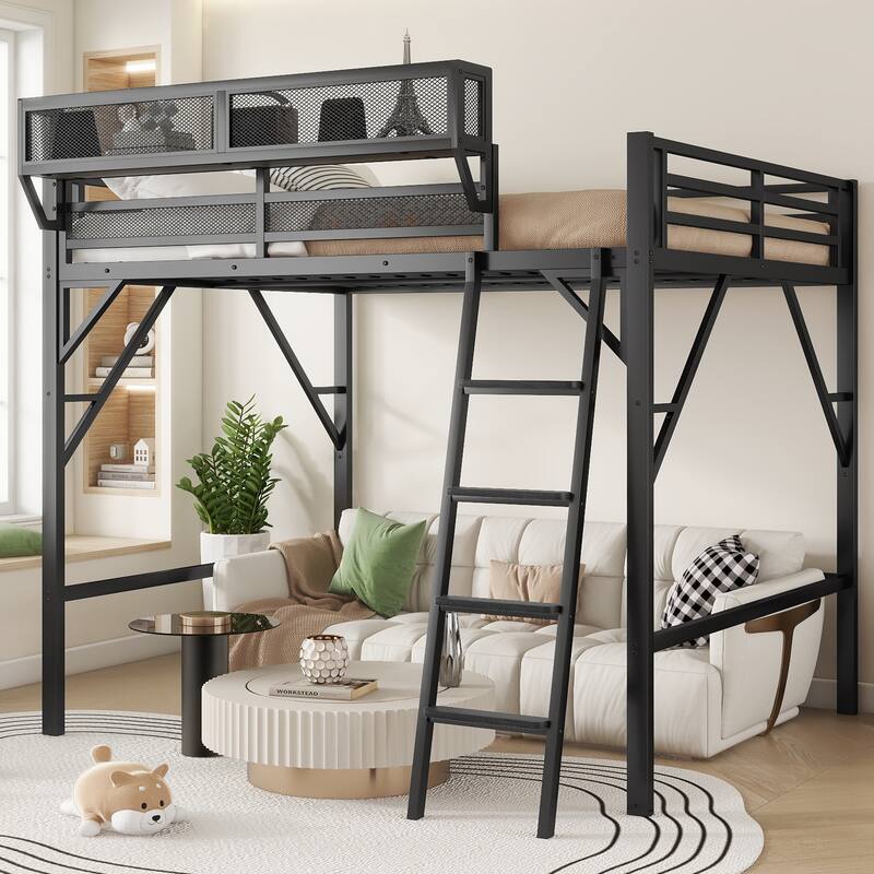 Iron Loft Bed Frame with Storage Shelves, Heavy Duty Metal Loft Bed, Kids High Loft Bed with Full Length Guardrail