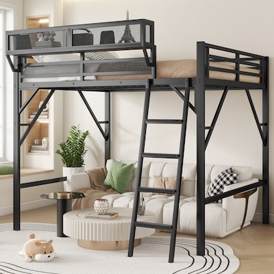 Queen Size Loft Bed with Ladder, Metal Queen Loft Bed with Storage Shelves, High Loft Bed for Kids Teens, Black