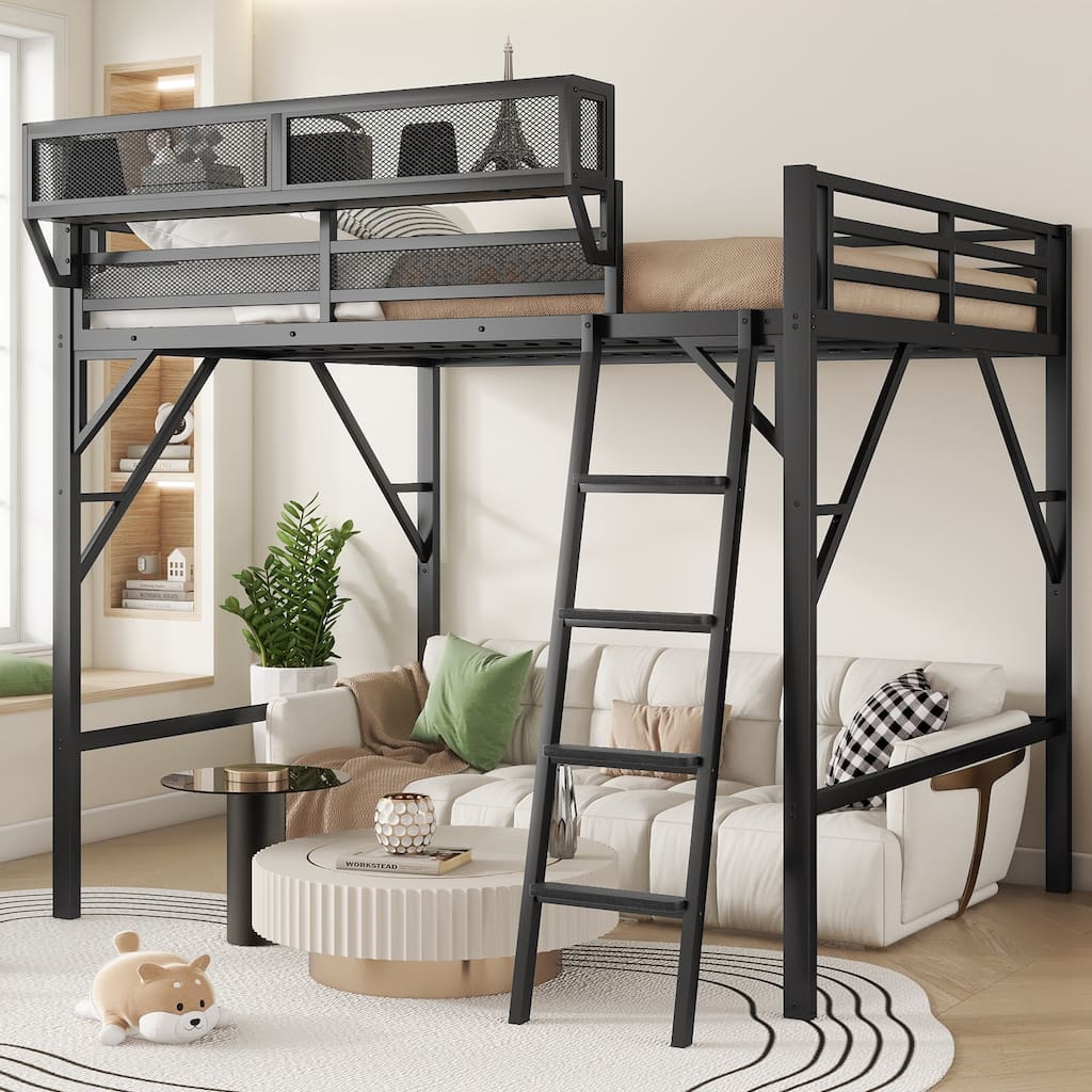 Queen Size Metal Loft Bed with Storage Shelves and Ladder for Kids and Teens, Black