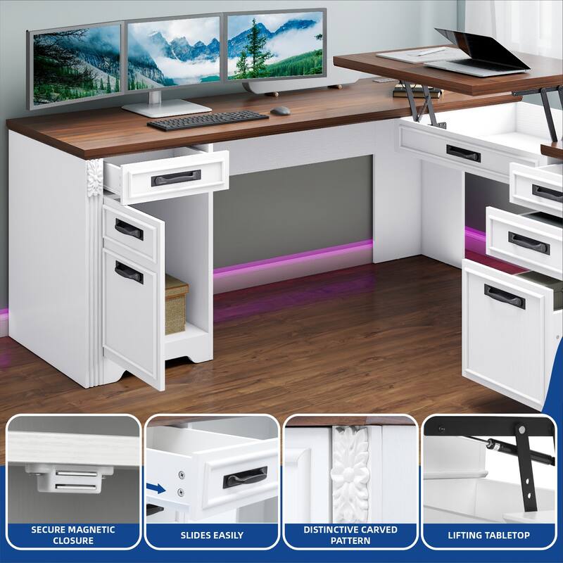 Moasis Farmhouse L Shaped Executive Desk w/Drawers, Lift Top Standing Desk with Cabinet