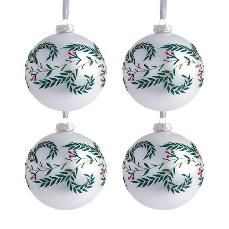 4-Piece Set White Metallic 4.75" Glass Ball Holiday Ornaments with Green Leaf Design