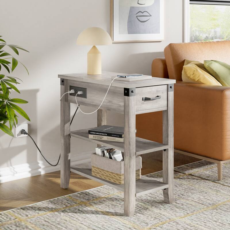 Narrow Side Table with Charging Station Drawer and Storage - 12.5"D x 23.6"W x 24.4"H - Grey