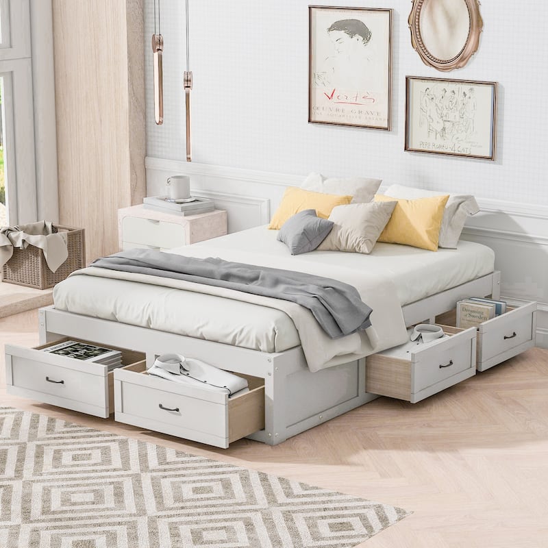 Full/Queen Size Platform Bed without Headboard, Wooden Storage Platform Bed Frame with 6 Drawers, Wood Slats Support