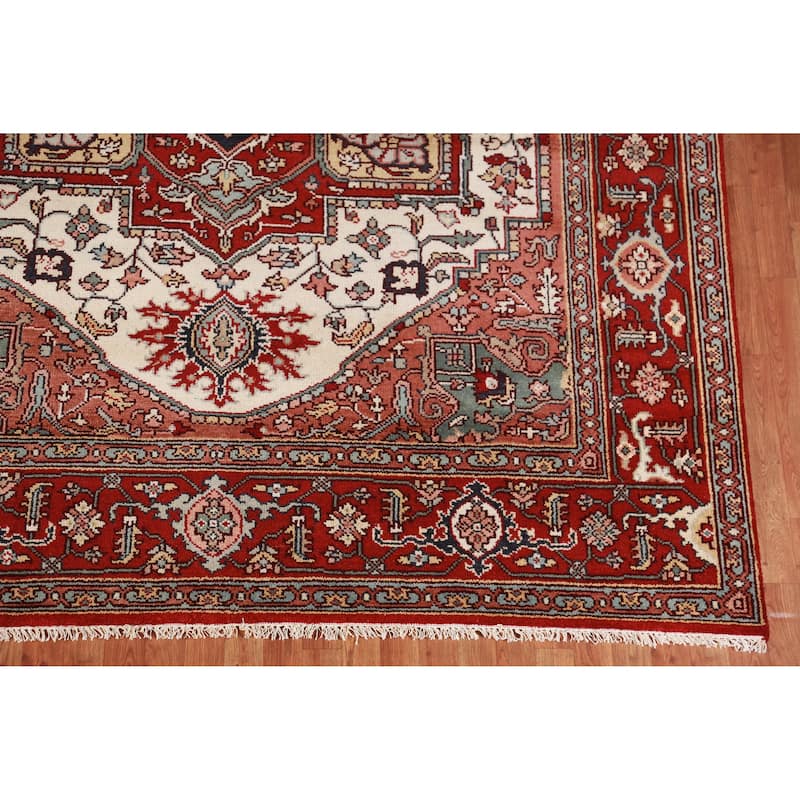 Hand Knotted Oriental 100% Wool Carpet Traditional Medallion Beige & Ivories Heriz (serapi) Area Rug - 10' 0'' X 7' 11''