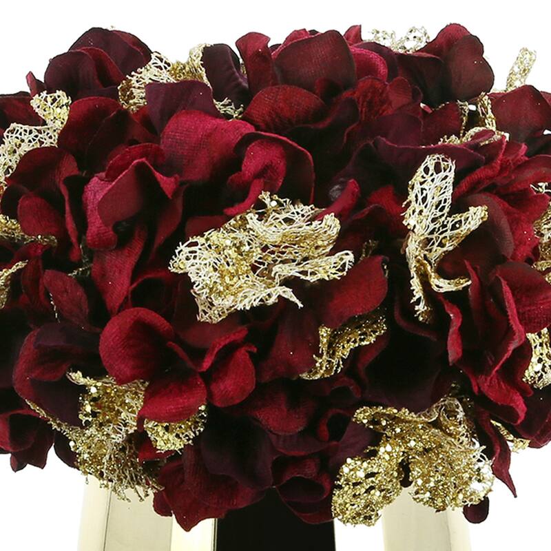 Hydrangea Holiday Arrangement in a Glass Vase - Burgundy, Gold - 9Hx9Wx9D