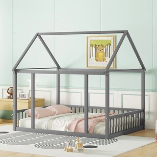Full Size Floor Wooden House Bed with House Roof Frame and Safety Guardrails