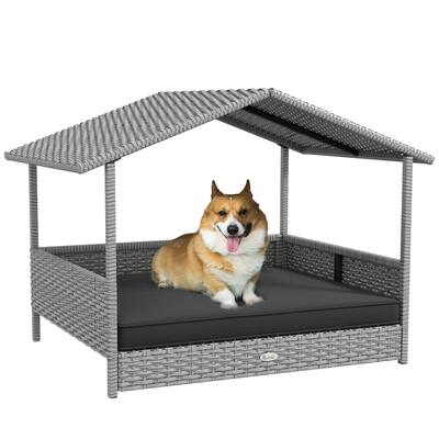 Wicker Dog House Outdoor with Canopy, Rattan Dog Bed with Water-resistant Cushion, for Small and Medium Dogs