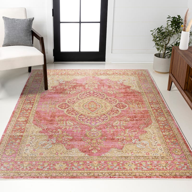 JONATHAN Y Lila Floral Medallion Area Rug - 2 X 8 - Deep Rose/Ivory