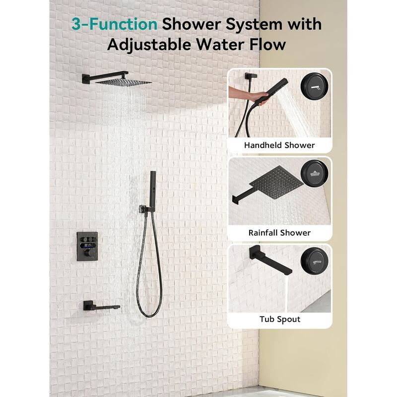 Lefton Shower System in Fahrenheit Display, 10” Overhead Shower Head with Handheld Spray Showerhead and Bathtub Faucet, SSWM2502