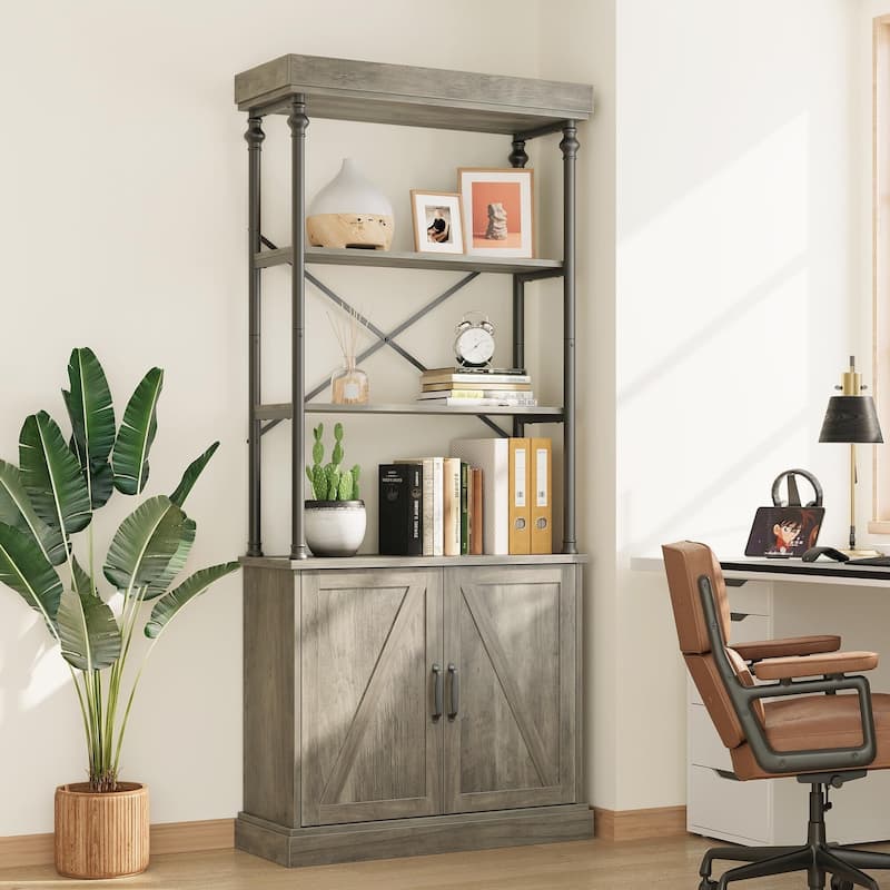 73''H Industrial Floor Standing Bookcase with Doors 5 Story Display Storage - Grey