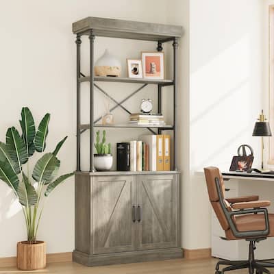 73''H Industrial Floor Standing Bookcase with Doors 5 Story Display Storage