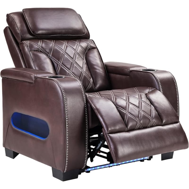 Power Recliner Chair with Adjustable Headrest, Breathable PU Leather Home Theater Seating with Ambient Lighting,Cup Holders