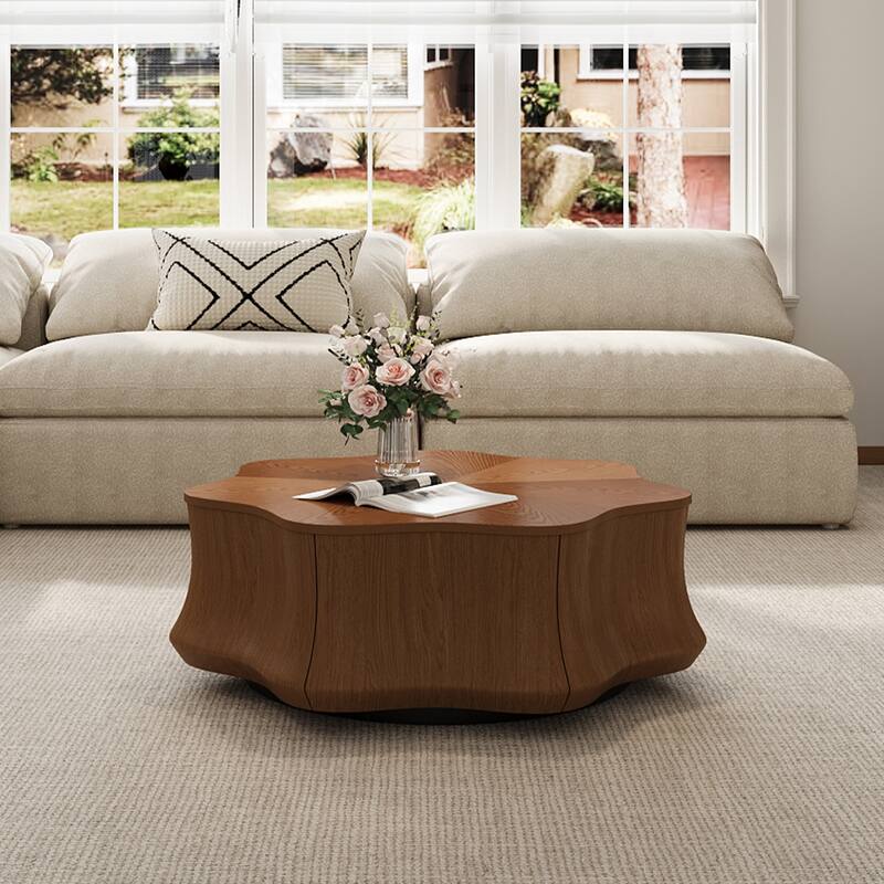 32.5" Petal Solid Wood Veneer Coffee Table - Drawer Storage, Modern&Medieval Living Rooms