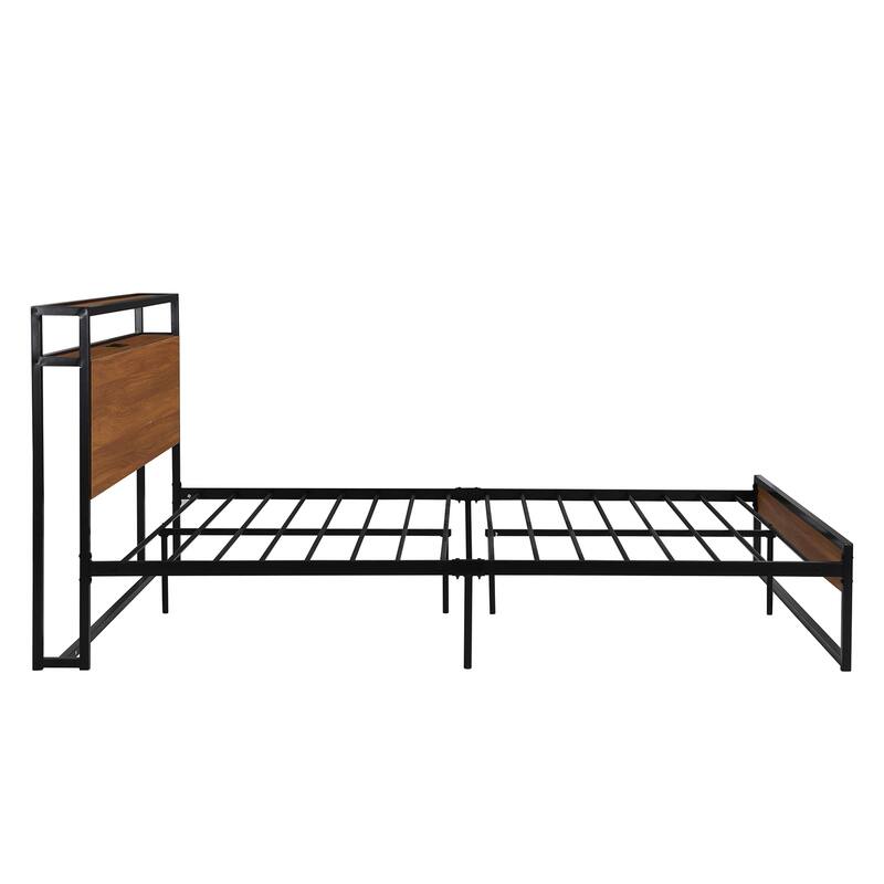 Queen Size Metal Platform Bed Frame Sockets USB Ports and Slat Support