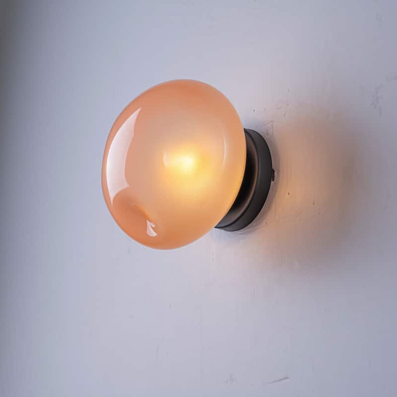 7.1" W Mid-Century Modern Matte Black Wall Sconce with Hand-Blown Smoked Gray/Pink Glass Shade for Bathroom, Staircase