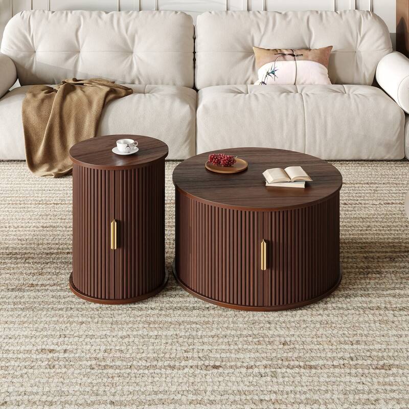 Mid-Century Modern Coffee & End Table Set with Tambour Doors - 2-Piece Wood Finish Living Room Storage