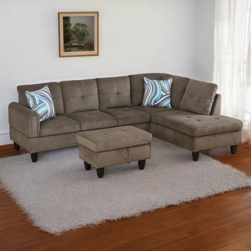 KISRAIS 97" Wide 3-Piece Upholstered Sectional Sofa Set for Small Spaces - Brown Corduroy - Right Facing