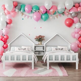 Double Twin Size Platform Bed With A Built-in Nightstand