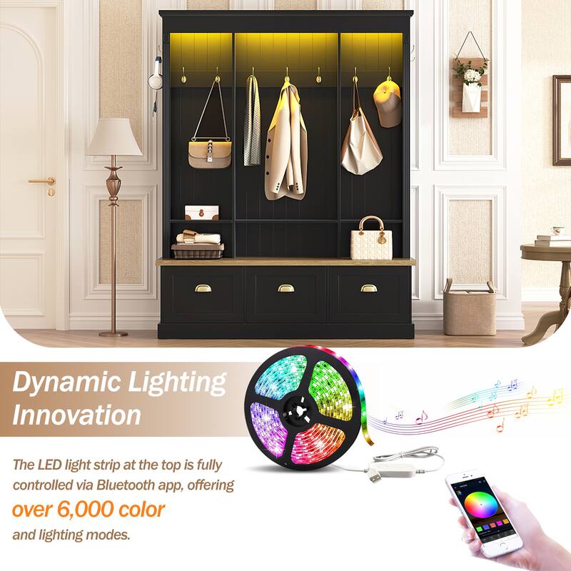 Elegant APP Controlled LED Hall Tree with 9 Hooks and Storage Bench