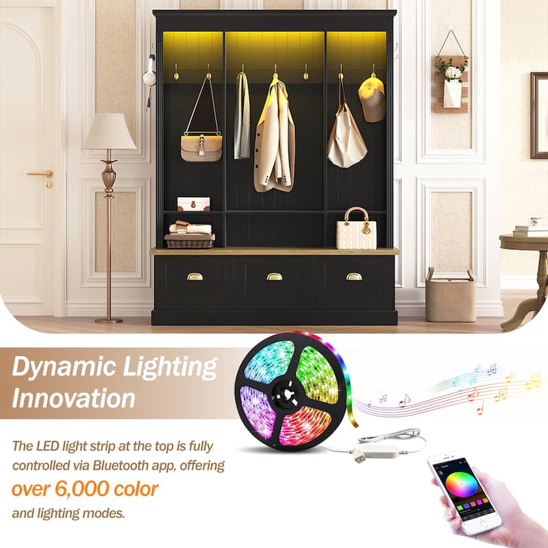 LED Hall Tree with Storage Bench, APP Controlled Light Entryway Organizer with 9 Hooks and Shoe Cabinets