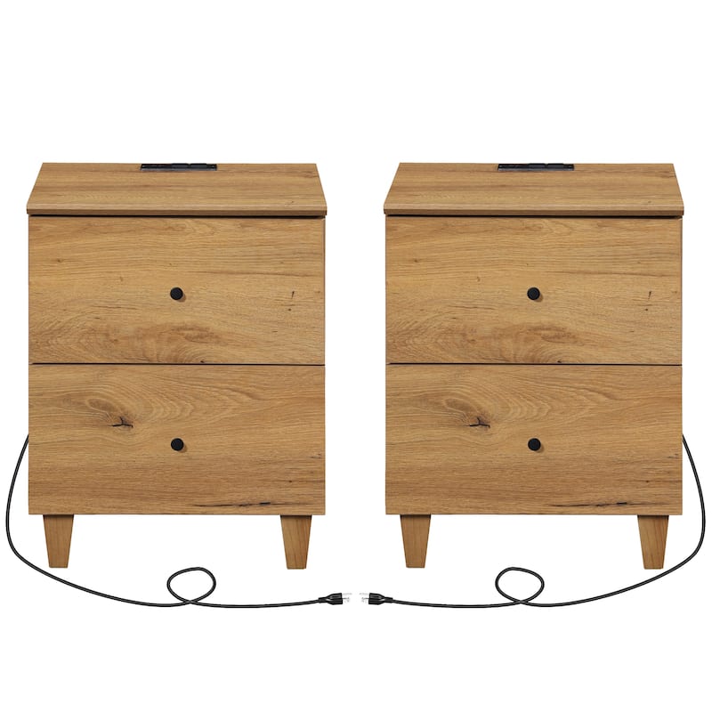 2 Drawer Nightstands with Charging Station for Bedroom - Oak Brown-2 Packs - 2-drawer