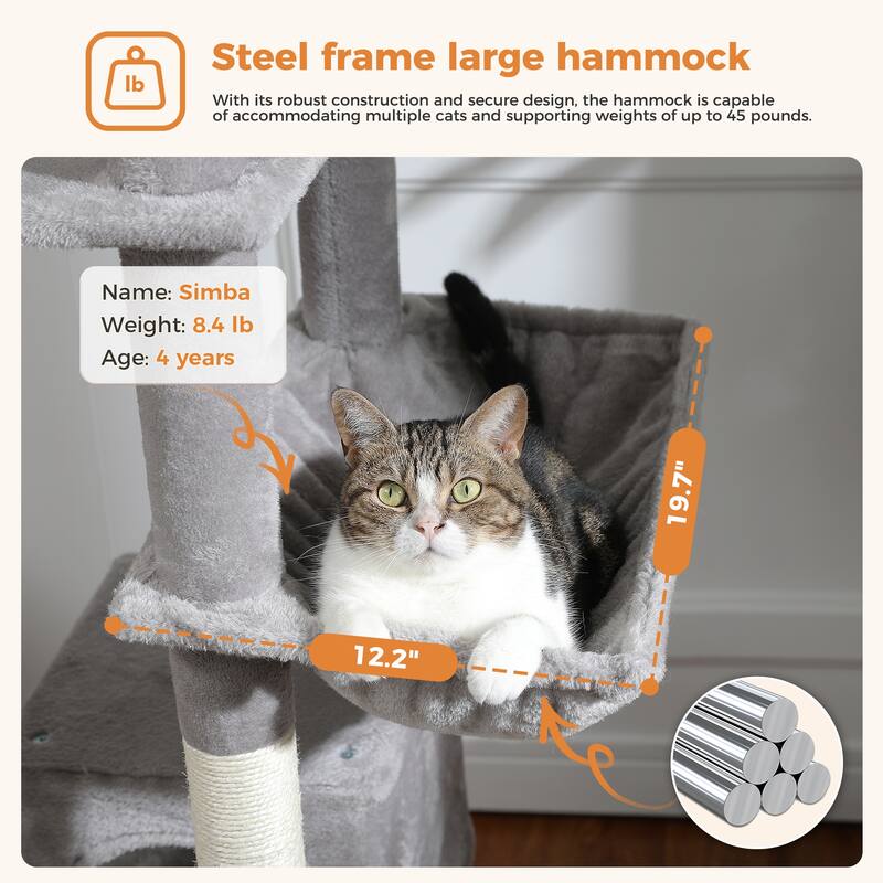 Multi-Level Indoor Large Cat Tree Scratching Post with 2 Perches, 2 Condos, Hammock and 2 Pompoms