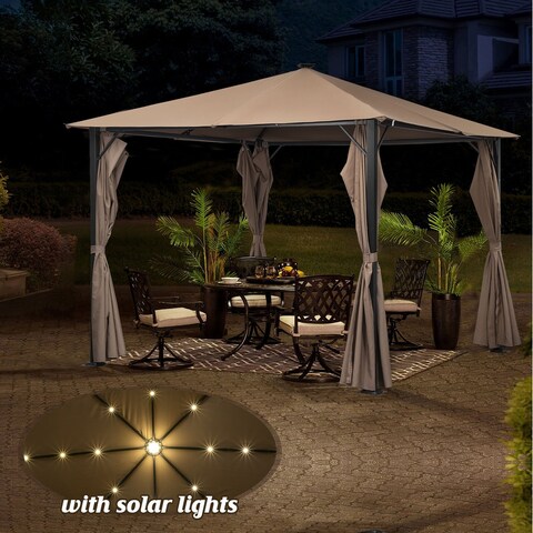 Ainfox 10x10ft Outdoor Gazebo with Lights and Solar Panel Remote Control Fabric Sidewall