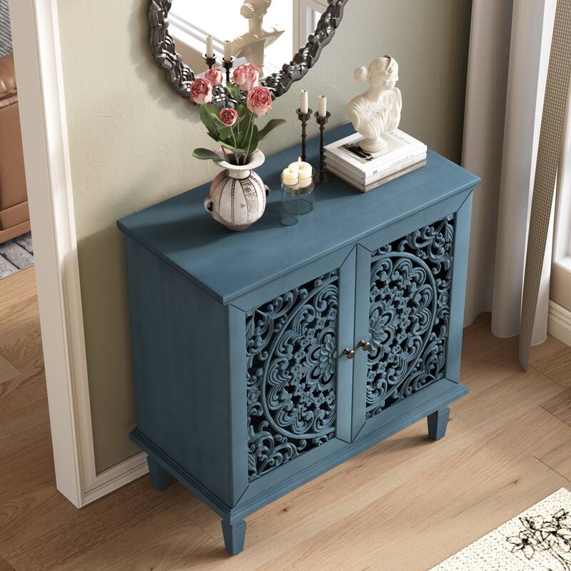 Rossetta Vintage Hollow-Carved Accent Cabinet with Symmetrical Floral Design, Adjustable Shelf