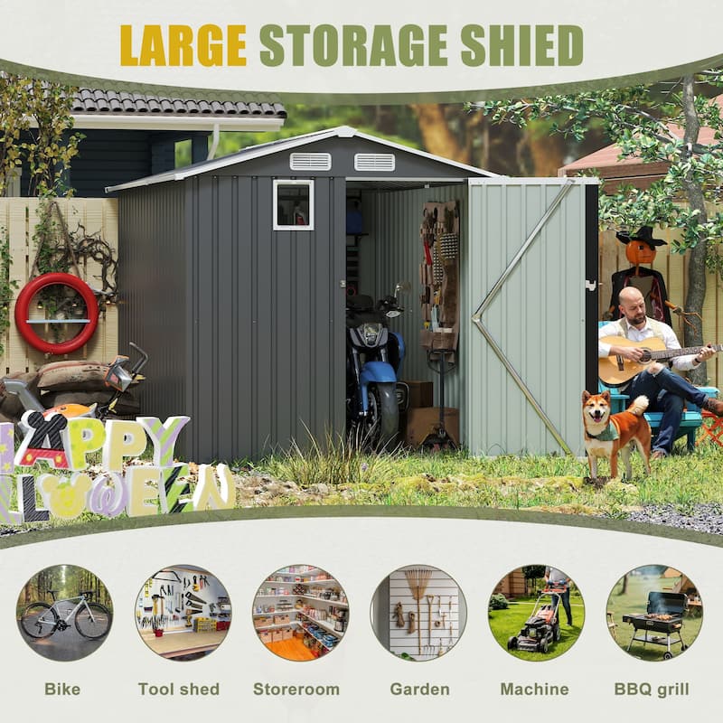 6x8FT Outdoor Steel Storage Shed, Lockable Doors, Compact Metal Tool Shed