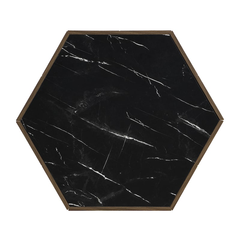 Hexagonal Coffee Table with 2 Hidden Drawers and Textured Marble Tops