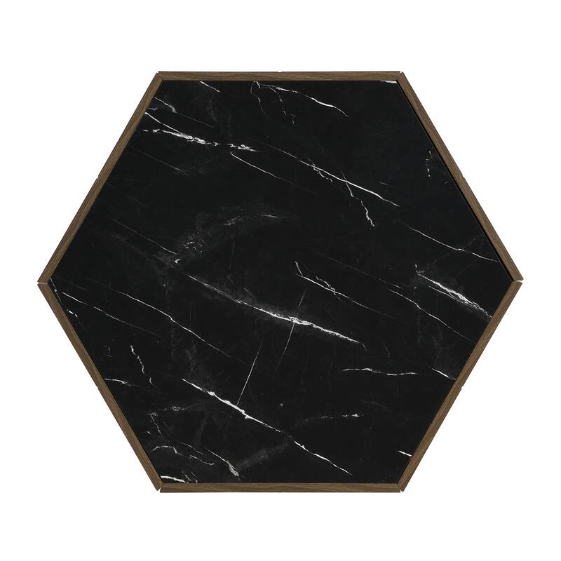 Hexagonal Wood Accent Table, Coffee Table with 2 Hidden Drawers, End Table with Textured Black Marble Tops